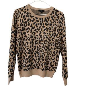 J. Crew Leopard Print 100% Merino Wool Pullover Tan Black Sweater Small